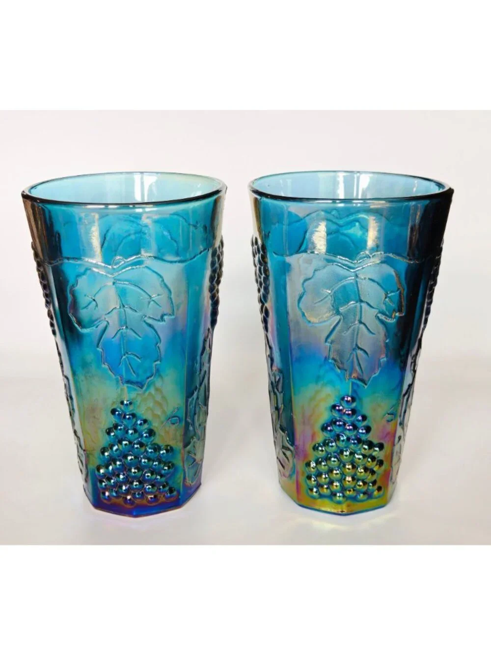 Indiana Glass Harvest Grapes Blue Carnival Glass Tumblers 12 Oz 6